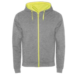 A grey hooded sweatshirt with a bright yellow interior and zipper details, featuring a logo on the front.