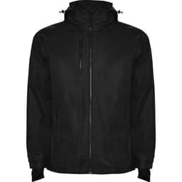 A black parka jacket with a hood, featuring zippered pockets and an adjustable collar, alongside a branding logo.