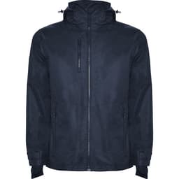 A navy blue parka jacket featuring a zip front, adjustable hood, and pockets, with a branded logo on it.