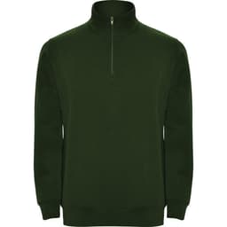 A dark green half-zip sweatshirt with a high collar and long sleeves, featuring a small zippered opening.