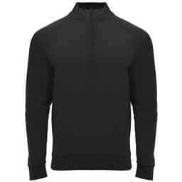 A black half zip sweatshirt with long sleeves and a ribbed hem, featuring a branded logo.