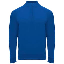 A blue half-zip sweatshirt with long sleeves, featuring a logo on the front.