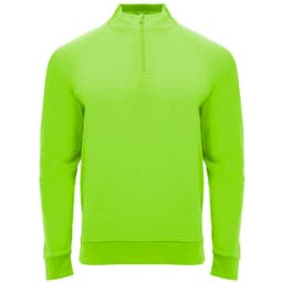 A bright green half zip sweatshirt featuring a logo, designed for youth.