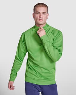 A green half zip sweatshirt with a high collar and long sleeves, featuring a logo.
