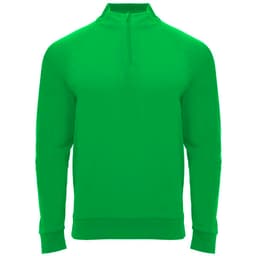 A green half zip sweatshirt with long sleeves, featuring a sleek design and a logo.