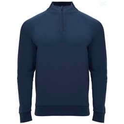 A navy blue half zip sweatshirt with a ribbed hem and cuffs, featuring a logo on the chest.
