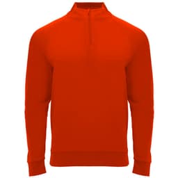 A red half zip sweatshirt designed for youth, featuring long sleeves and a collar. It includes a logo.