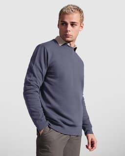 A blue sweatshirt featuring a round neckline and long sleeves, paired with a collared shirt underneath.