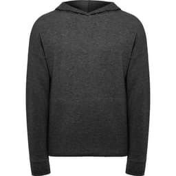 A grey hoodie featuring a front pocket and a hood, with a simple, unembellished design.