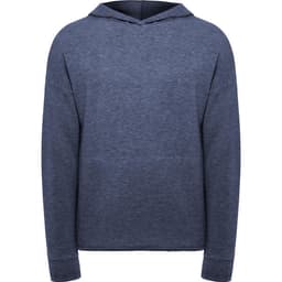 A navy blue hoodie with a relaxed fit and a hood, featuring long sleeves. It has a branding logo.