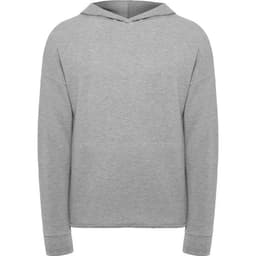 A grey hoodie with a front pocket and a drawstring hood, featuring a logo on the front.