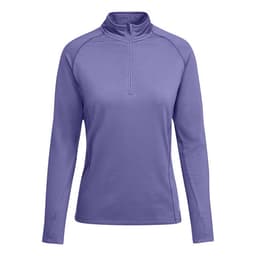 A purple polar fleece sweatshirt with a high collar and long sleeves, featuring a quarter zip and a logo.