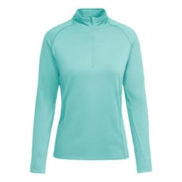 A mint green women's sweatshirt with a quarter zip and long sleeves, featuring a logo on the chest.