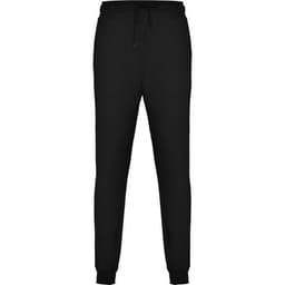 A pair of black track pants with a drawstring waist and ribbed cuffs, featuring a logo.