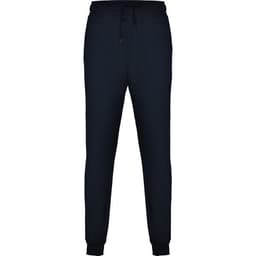 Navy track pants with a fitted design, featuring an elastic drawstring waistband and closed cuffs. Includes a logo.