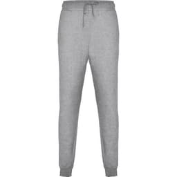 Grey track pants with an elastic waistband and cuffs, featuring a drawstring and a logo.