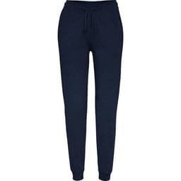 Navy women's track pants with a drawstring waist and cuffed ankles, featuring a logo on the side.