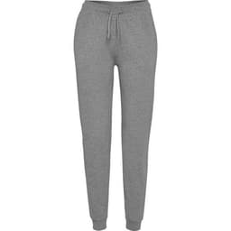 Grey women's track pants with a drawstring waist, featuring a fitted design and cuffed ankles, with a logo present.