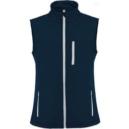 A navy blue vest with a high collar and front zip, featuring two side pockets and a chest pocket.