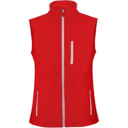 A red vest with a high collar and zippered front. It features two side pockets and one chest pocket.
