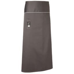 A dark grey apron featuring a pocket and a label, designed for workwear purposes.