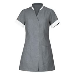 A grey tunic with short white sleeves and a modern, fitted design, featuring two front pockets and a branding logo.