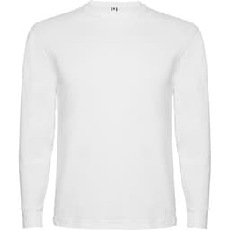 A white long-sleeved t-shirt with a round neck and a logo on the front.