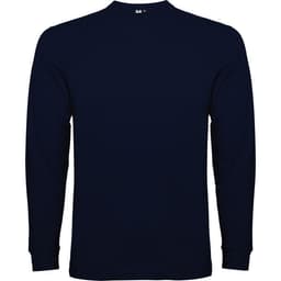 A navy long-sleeved T-shirt featuring a crew neck and a logo.