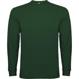 A green long-sleeved t-shirt displayed flat, featuring a round neck and long sleeves. It has a logo on the front.