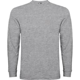 A grey long-sleeved T-shirt with a rounded neckline and one logo. Perfect for casual wear.