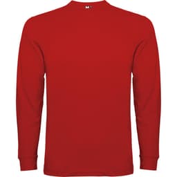 A red long sleeved t-shirt with a crew neck and long sleeves, featuring a logo on the back.
