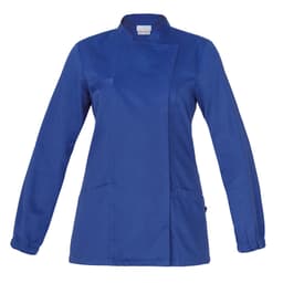 A blue Amanda Tunic with a mock wrap design, long sleeves, and two side pockets. It features a logo.