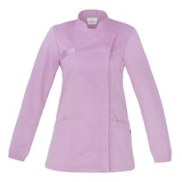A light pink Amanda Tunic with a collar and long sleeves, featuring two front pockets and a logo.
