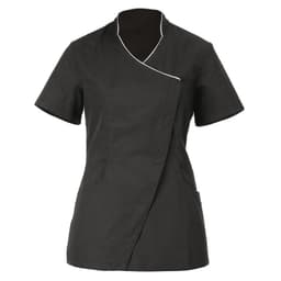 A dark grey tunic with a wrap design and short sleeves, featuring white piping and a front pocket.