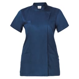 A navy blue tunic featuring a mandarin collar, short sleeves, and two front pockets; includes a logo.