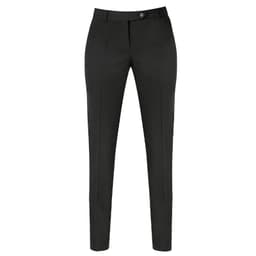A pair of tailored black pants with a slim fit and a button closure. The design features front crease lines.
