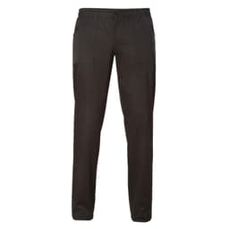 Black pants with a relaxed fit and multiple pockets, featuring an elastic waistband and drawstring.
