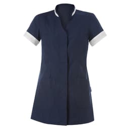 Aurelia Tunic in navy blue with white cuffs, featuring short sleeves and two front pockets. It has a logo present.