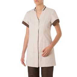 A tunic featuring a beige body and brown sleeve cuffs, with a front opening and pockets. Branding visible.