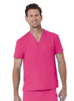 A unisex v-neck top in bright pink, featuring short sleeves and a pocket on the left side. It has a logo.