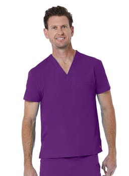 A unisex V-neck top in a vibrant purple colour, featuring short sleeves and a pocket. It has a logo.