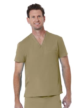 A man wearing a short-sleeved, khaki unisex V-neck top with a chest pocket. The top has a logo on it.
