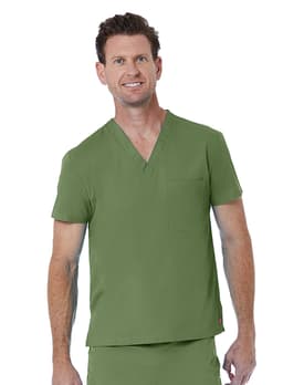 A unisex v-neck top in olive green with short sleeves and a chest pocket. The model is smiling.