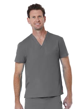 A unisex v-neck top in grey, featuring a patch pocket, modelled by a man. It has a branding logo.