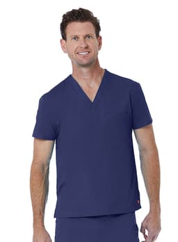 A unisex v-neck top in navy blue with short sleeves and a chest pocket, featuring a logo.