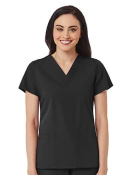 A black women's V-neck top features short sleeves and two front pockets. The model is smiling and wearing the top.