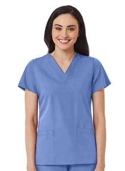A women's V-neck top in a light blue colour, featuring short sleeves and two front pockets. It has a brand logo.