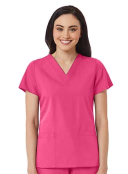 A women's v-neck top in bright pink with short sleeves and two front pockets, featuring a logo.