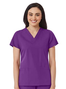 A women's V-neck top in vibrant purple, featuring short sleeves and two front pockets. It has a logo on the chest.