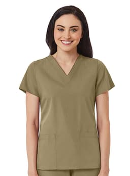 A women's V-neck top in olive green with short sleeves and two front pockets. The product features a logo.